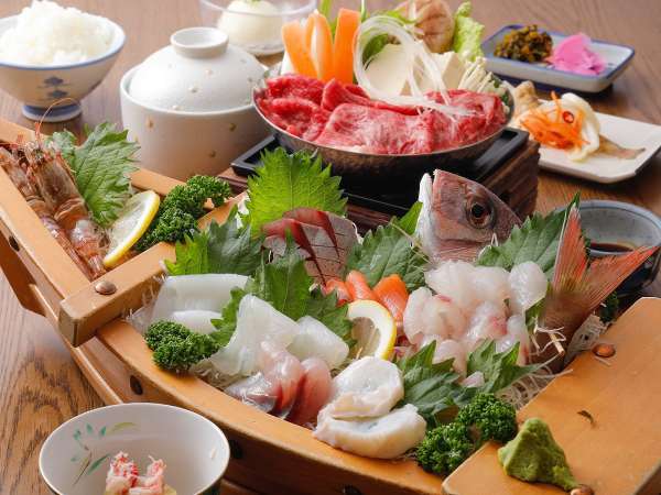お日にち限定】つるや御膳B☆鮮魚の舟盛り6種＆但馬牛すき焼き